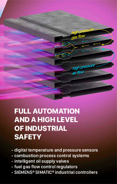 full automation and a high level of industrial safety - digital temperature and pressure sensors - combustion process control systems - intelligent oil supply valves - fuel gas flow control regulators - SIEMENS® SIMATIC® industrial controllers